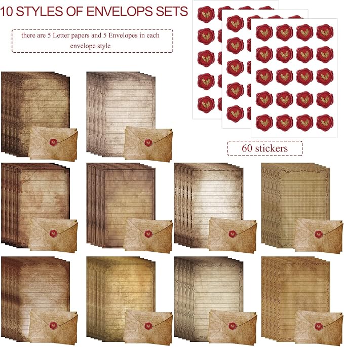 TaoBary 160 Pcs Stationery Paper Set 50 Double Sided Stationery Papers with 50 Matching Envelopes and 60 Round Dot Sticker, 10 Design(Vintage Antique,5.5 x 8.25 Inch)