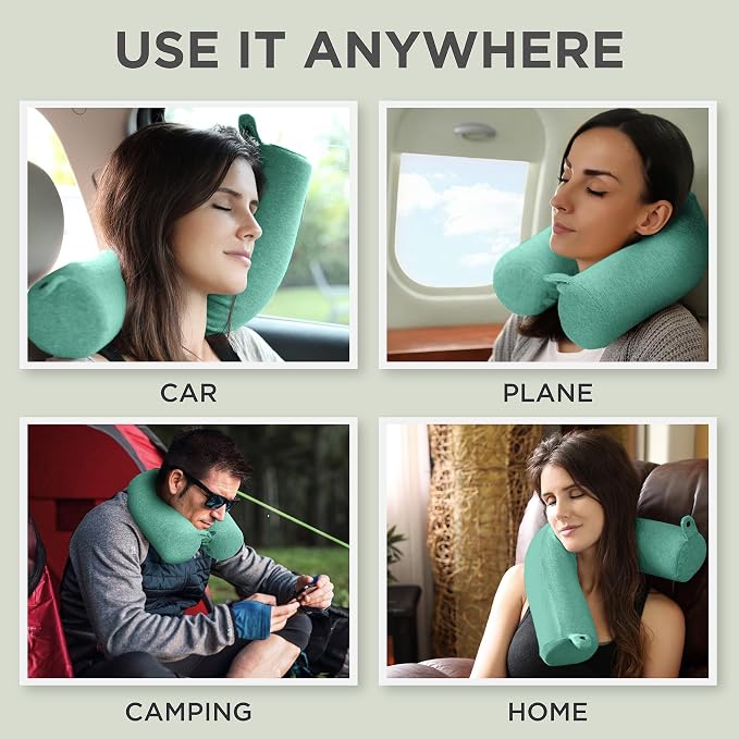 Dot&Dot Twist Memory Foam Travel Pillow, Bendable Neck Pillow for Airplane, Car and Home, 26-Inch Adjustable Roll with Washable Cotton Cover, Green