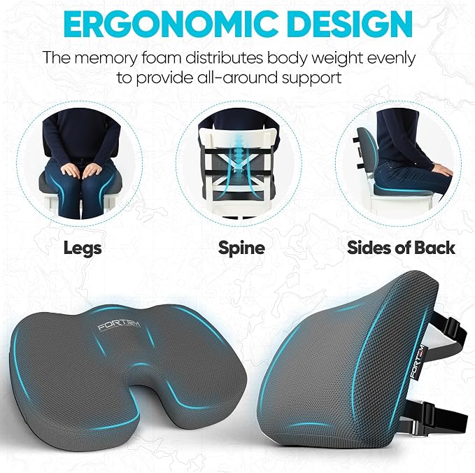 FORTEM Seat Cushion, Office Chair Cushion, Lumbar Support Pillow for Office Chair, Memory Foam Car Seat Cushions, Sciatica Coccyx Tailbone Pain Relief, Cushions for Back Support, Washable, Non Slip