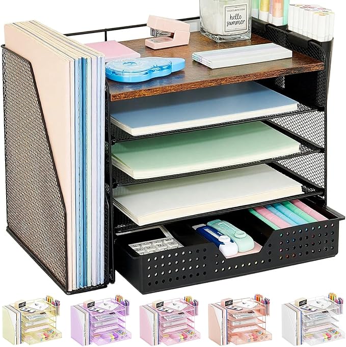 OPNICE Desk Organizer, 5-Tier Paper File Organizer with Drawer & Pen Holder, Office Desk Accessories, Workspace Desktop Organizer for Office Supplies(Brown Wood)