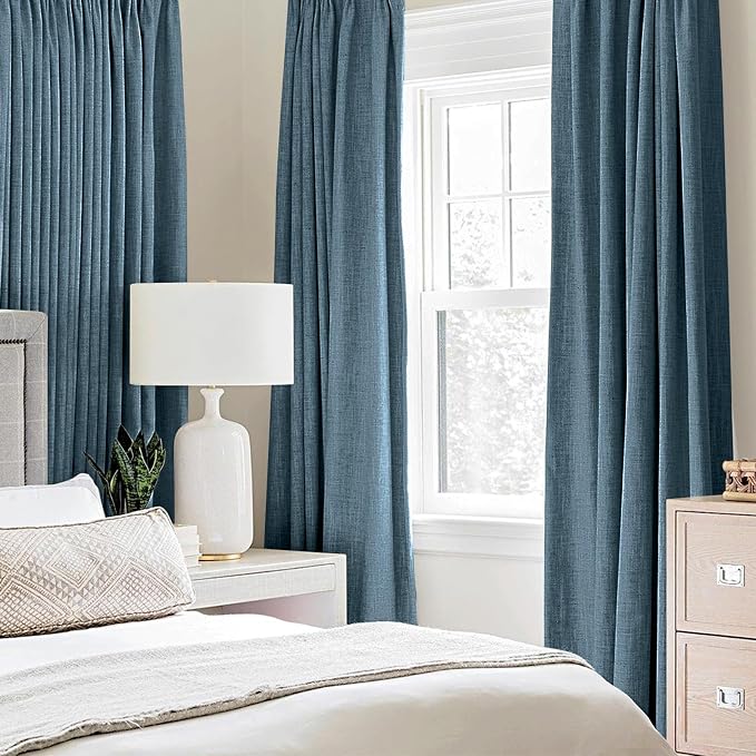 MIULEE Linen Texture Curtains for Bedroom Solid 100% Blackout Thermal Insulated Dusty Blue Curtains Grommet Room Darkening Drapes Luxury Decor for Living Room 52x45 Inch (2 Panels)