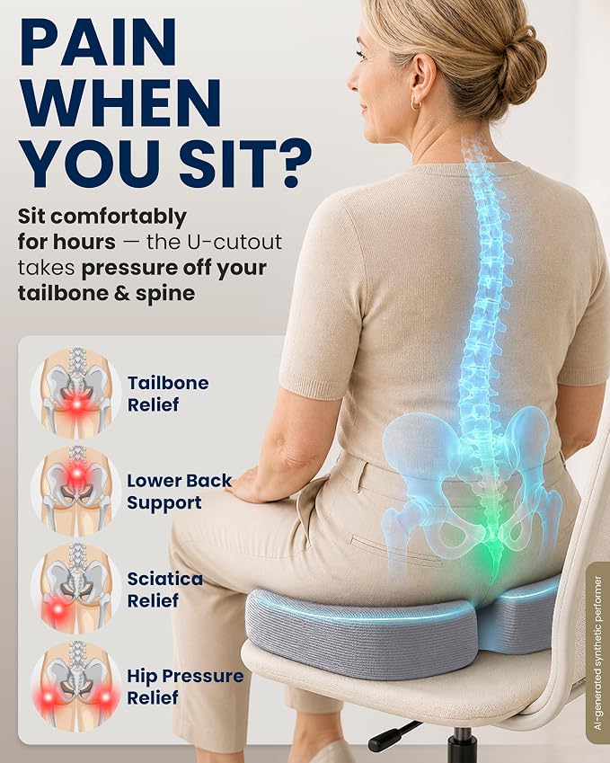 5 STARS UNITED Seat Cushion - Memory Foam Chair Cushion for Tailbone Pain Relief - Ergonomic Support for Coccyx, Sciatica & Butt - Office, Desk & Gaming Chair, Car Seat, Wheelchair, Airplane, L Gray