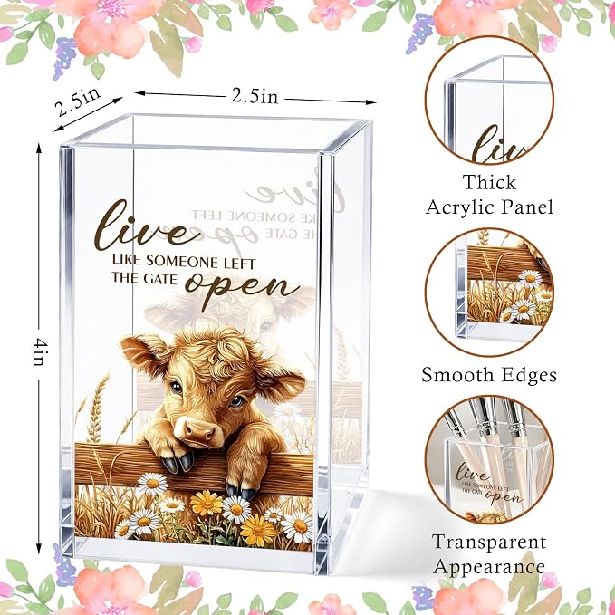 Highland Cow Acrylic Pen Holder Cup, “Live Like Someone Left the Gate Open” Desk Decor, Cute Cow Pencil Holder Organizer, Farmhouse Office Accessories, Gift for Women
