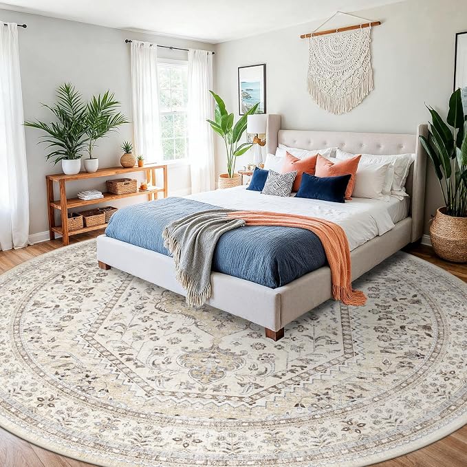 Puino 9FT Round Area Rugs for Living Room: Circle Rugs Machine Washable Oriental Low Pile Soft Non Slip Backing Vintage Indoor Rug for Bedroom Nursery Dining Room Home Office Beige/Gray