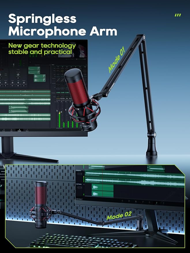 Microphone Arm Stand, CACENCAN Upgraded Mic Boom Arm with Cable Management, 3/8" to 5/8" Adapter, Desk Mount Mic Stand for Blue Yeti, Shure SM7B, HyperX, Streaming, Podcast, Gaming, Recording (Black)