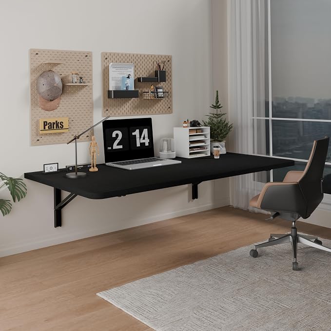 Floating Foldable Desk,Wall Mounted - Folding Computer Table with Engineered Wood,Study Table with Shelf Brackets,Fold Down Shelf,Fold Computer Desk for Small Apartment,Holds 500 lb,36" x 22",Black