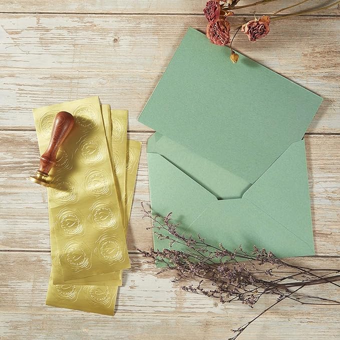 50 Pack Sage-Green A7 Envelopes with Cards and Gold Stickers, 5x7 | With Thick Folded Cardstock, For Greeting Cards, Wedding, Birthday, Invitations, Baby Showers