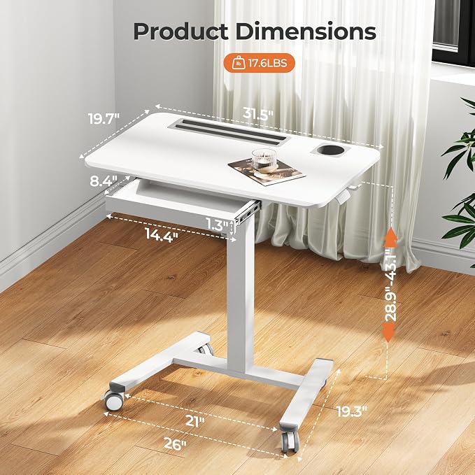 32" Mobile Desk with Drawer, Rolling Standing Desk on Wheels | Height Adjustable Desk with Cup Holder and Hooks, Portable Laptop Cart with Storage for Home Office, White