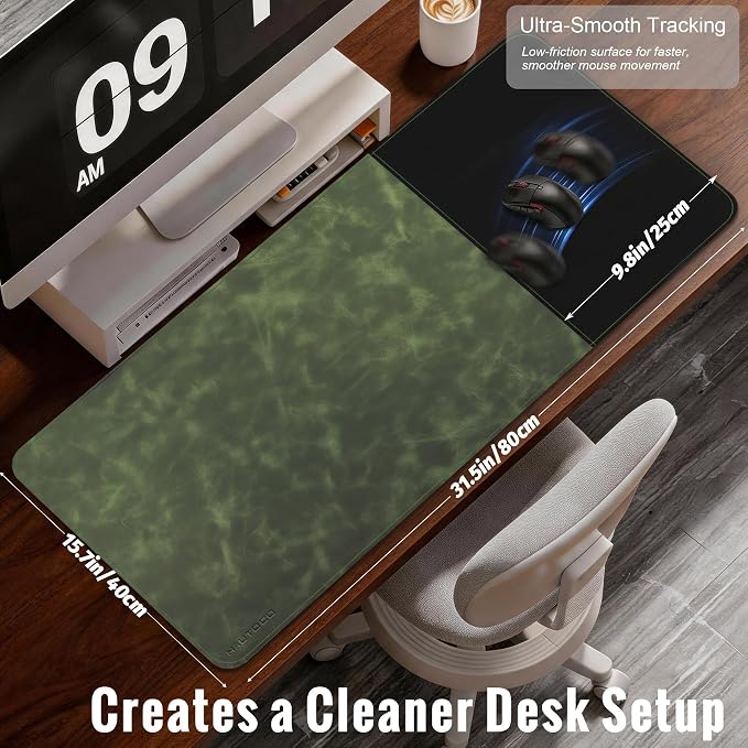 HAUTOCO Cork Desk Mat 31.5"x15.7", Distressed PU Leather & Cloth Desk Pad | Waterproof, Non-Slip, Stitched Edges, Dark Green Large Gaming Mouse Pad, Laptop Blotter & Desk Protector for Office and Home