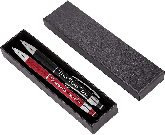 ExpressDesigns™ - Personalized Pens Gift Set - 2 Pack of Metal Pens w/gift box - Luxury Ballpoint Pen Custom Engraved with Name, Logo or Message for Executive, Business or Personal use (Black-Red)