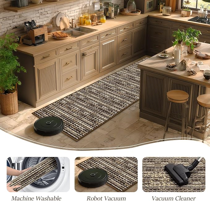 Kitchen Rugs Sets of 2-Non Slip Kitchen Mats for Floor-Thick Stain Resistant Vintage Kitchen Floor Mat Runner Carpet for Hallways Entryway Laundry Room Washable（Brown 20"x47"+20"x32"）