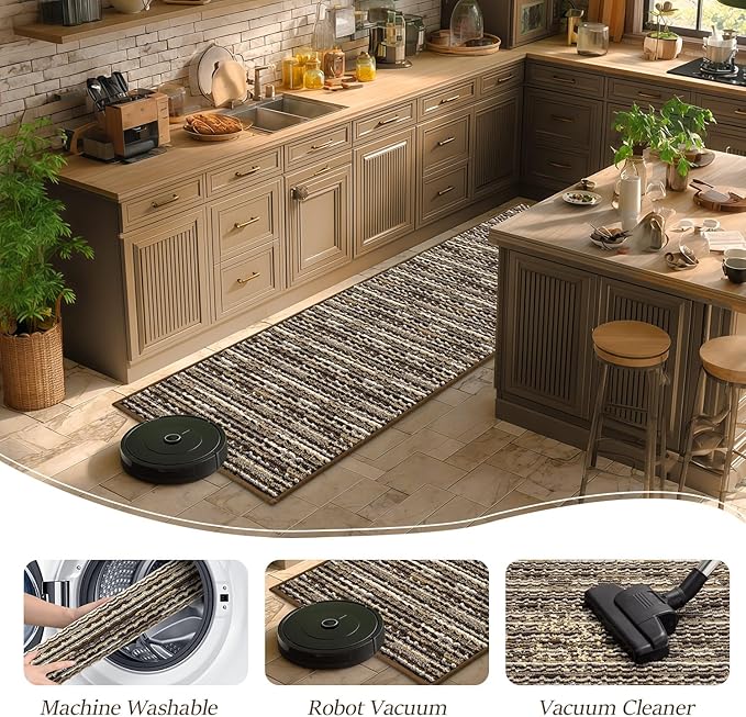 Kitchen Rugs Sets of 2-Non Slip Kitchen Mats for Floor-Thick Stain Resistant Vintage Kitchen Floor Mat Runner Carpet for Hallways Entryway Laundry Room Washable（Brown 24"x79"+20"x47"）