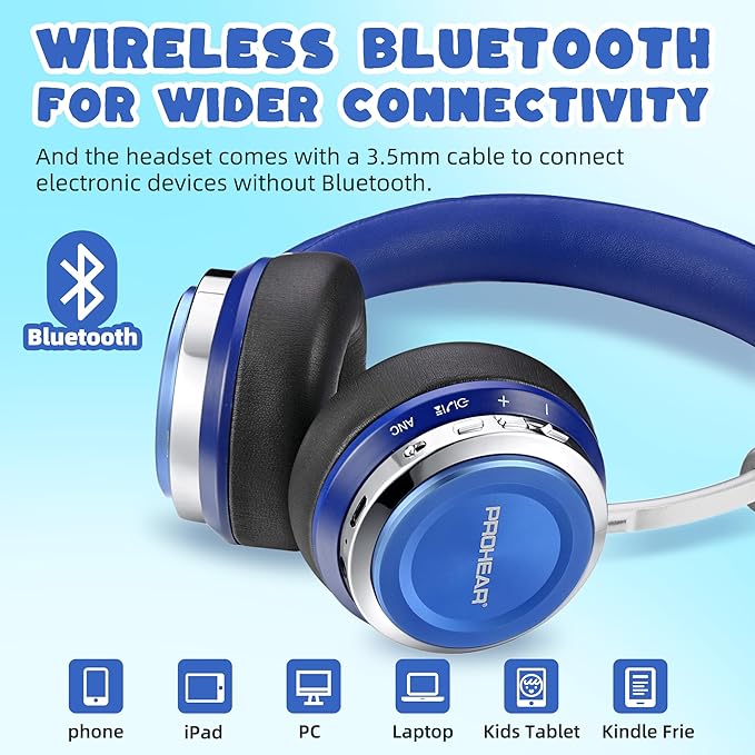 PROHEAR 010 Pro Active Noise Cancelling Headphones for Kids – Bluetooth, 85dB Safe Volume, 80H Playtime, Hi-Fi Over-Ear Wireless Headphones with Mic for iPad, Tablet, Travel – Blue