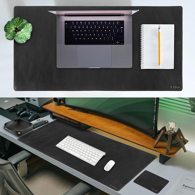 ELIZO Leather Desk Pad Real Leather Desk Mat Thick (3mm) Double Layer (32x16) Cover Blotter Desk Protector Large Computer Mat for Keyboard Mouse Pad Table Laptop Mat Office Accessories - Carbon