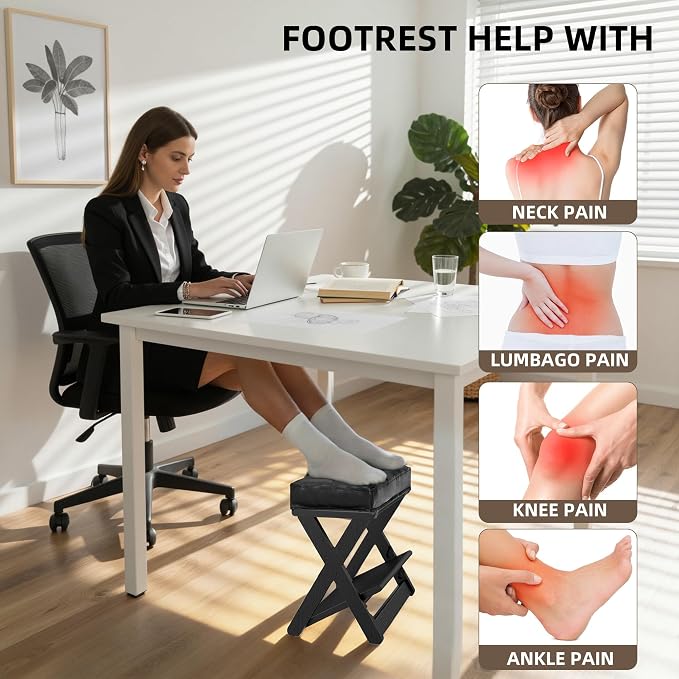 Adjustable Foot Rest Under Desk at Work, Footrest Under Desk | double step, wooden, non-slip EVA surface, office foot stool for posture support, leg relief, home office & gaming-black