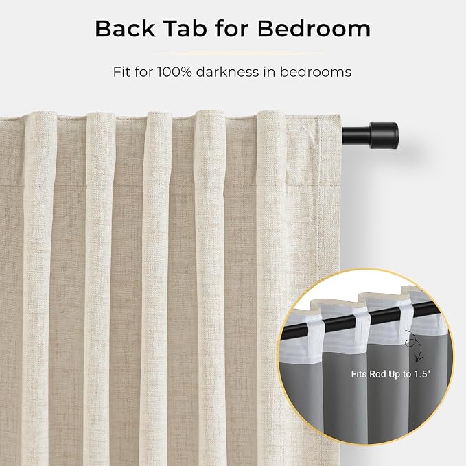 INOVADAY 100% Blackout Curtains for Bedroom, Cream Black Out Curtains 72 Inch Long, Clip Rings Linen Blackout Drapes, Thermal Insulated Room Darkening for Living Room, 2 Panels - W50xL72