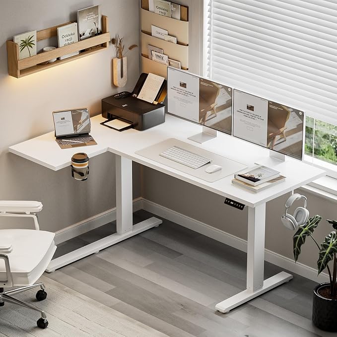 Muvai 59 Inch L Shaped Standing Desk Adjustable Height with Cable Management Tray,Gaming Electric Corner Standing Desk, Sit Stand Computer Table with Reversiable Splice Board,White