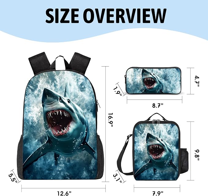 3PCS Shark Print Backpack for Boys Girls Teens, School Backpack with Lunch Box Pencil Case for Elementary Middle High Students, 17 Inch Lightweight Bookpack 3 in 1 Set Back to Shool Gifts for Kids