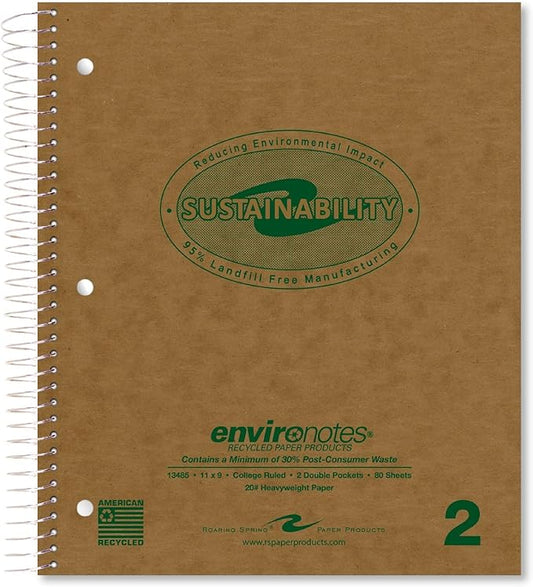 ROARING SPRING Environotes Recycled Spiral Notebook – 11" x 9", Two Subject, 80 Sheets, College Ruled Perforated Heavyweight 20 lb Paper, 2 Double Pocket, Made in USA