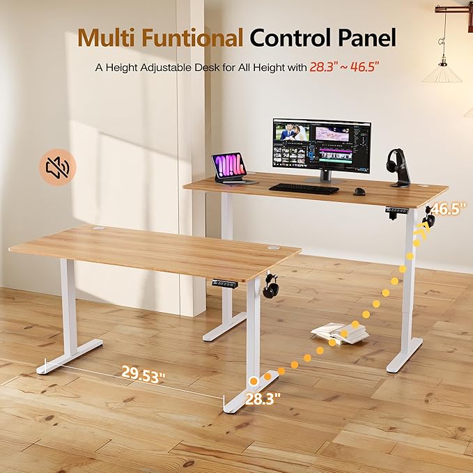 Monomi Electric Standing Desk, 47.2 inches Height Adjustable Desk, Ergonomic Computer Home Office Sit Stand Up Desk with Memory Preset Controller, Two-Piece Desktop (Light Vintage Brown)