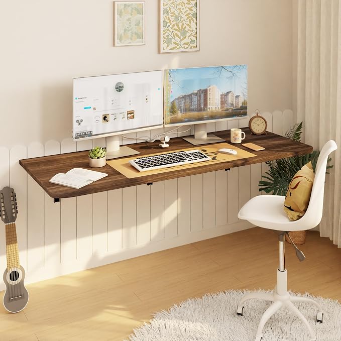 IAE Wall Mounted Floating Foldable Desk, 48" x 22" Folding Computer Workstation Table with Engineered Wood and Metal Shelf Brackets,Fold&Floating Design for Home Office, Apartment,Laundry Room,Walnut