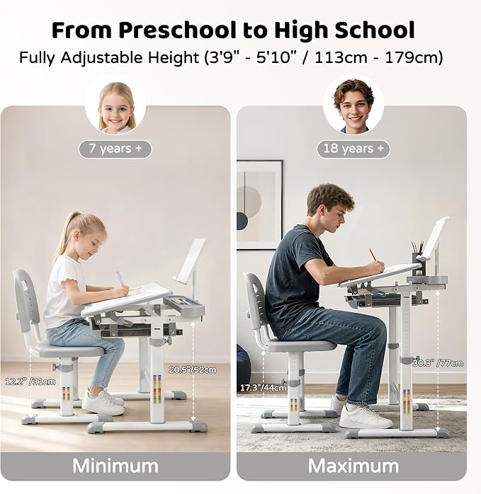 Diroan Kids Desk and Chair Set with LED Light, Height-Adjustable for Age 7+ | Ergonomic, Large 0‑45°desk, Sturdy steel frame, Storage drawer, Bookstand, Metal hook