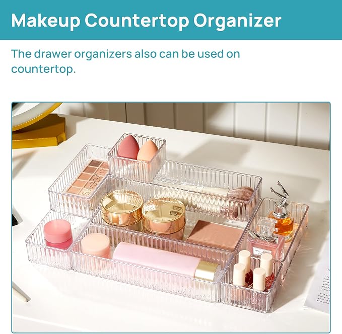 Vtopmart 7 PCS Clear Makeup Drawer Organizers Bins, 4-Size Stackable Makeup and Vanity Organizer Trays, Acrylic Bathroom Storage Containers for Cosmetic, Toiletries, Office Supply, Utensils, Gadgets | Vanity Organizer Trays for Makeup, Cosmetics, Jewel...