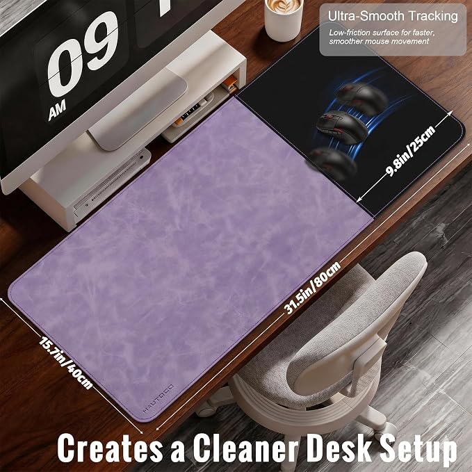 HAUTOCO Cork Desk Mat 31.5"x15.7", Distressed PU Leather & Cloth Desk Pad | Waterproof, Non-Slip, Stitched Edges, Purple Large Gaming Mouse Pad, Laptop Blotter & Desk Protector for Office and Home