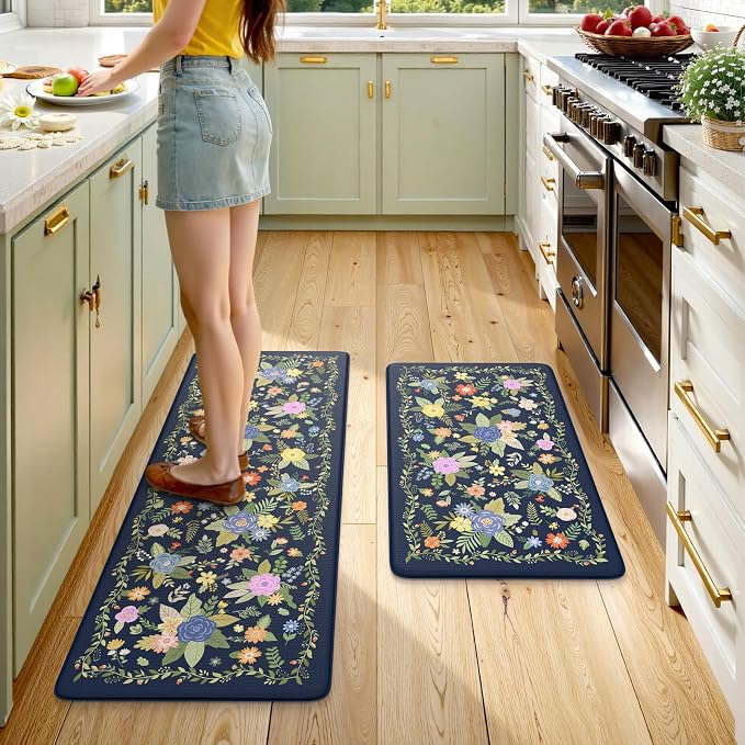 KIMODE Anti Fatigue Kitchen Mats for Floor,Farmhouse Rugs for Kitchen Floor | Cushioned Kitchen Floor Mat Non Slip, Comfort Standing Mat for Laundry Office Bath Sink Desk Dormitory Blue 17"x47"+17"x29"