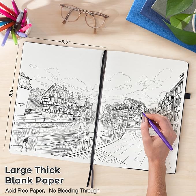 Blank Notebook, Hardcover Sketch Book, 8.5 x 5.5 Large Blank Journal, No Bleed Thick Paper Sketchbook for Drawing, Unlined Notebook Journal for Women Men School, A5 Leather Sketchbook Lay Flat, Black