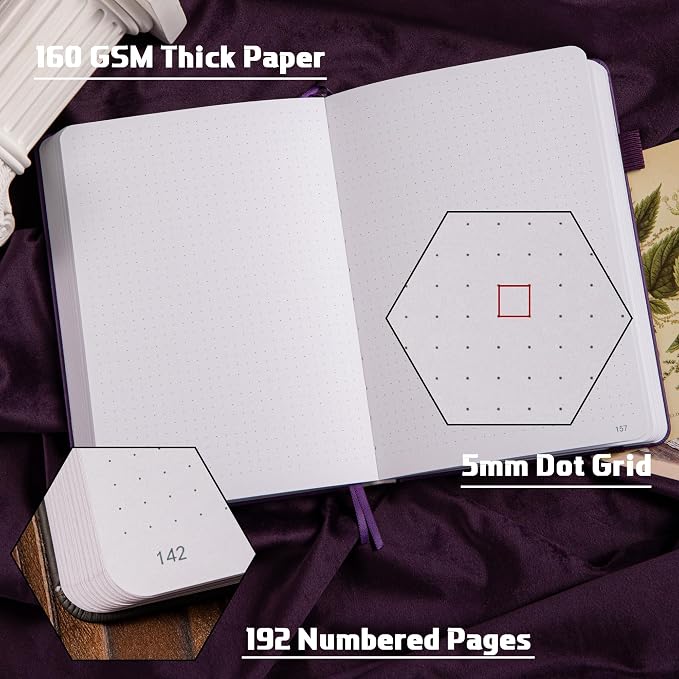 TIEFOSSI Dotted Journal Notebook, 160gsm 190 Numbered Thick Paper, A5 Hardcover Dotted Grid Diary for Women Men Work Writing, Journaling, Drawing, 5.8 x 8.3 in