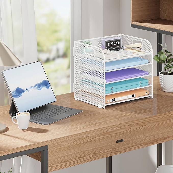 Cawukege 5 Tier Paper Organizer with Handle, White Metal Mesh Desk Organizer File Folder Paper Letter Tray Desktop Document Sorter for Classroom, School, Office Accessories Organization and Storage