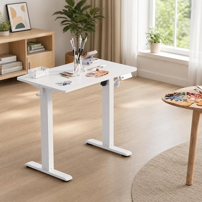 Claiks 35 x 20 Inch White Electric Standing Desk | Adjustable Height, Sit Stand, 3 Memory Presets, Cable Management, Space-Saving, Home Office & Bedroom