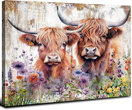 Highland Cow Wall Decor Bathroom Rustic Watercolor Wildflower Cow Wall Art for Living Room Farmhouse Western Country Cattle Canvas Art Farm Animal Painting Artwork Cowboy Bedroom Decoration 24x36"