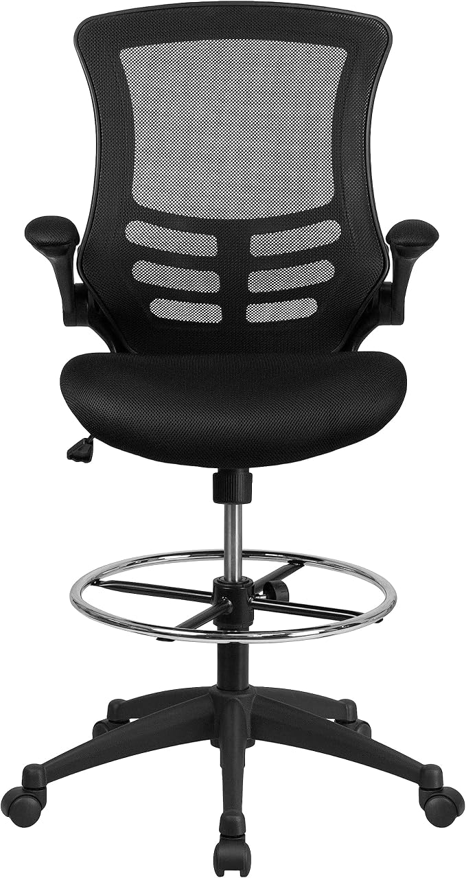 Flash Furniture Kelista Mid-Back Swivel Office Chair with Adjustable Seat Height, Ergonomic Mesh Desk Chair with Flip-Up Armrests, Black | Adjustable Foot Ring, Mid-Back, Flip-Up Arms, Mesh Back
