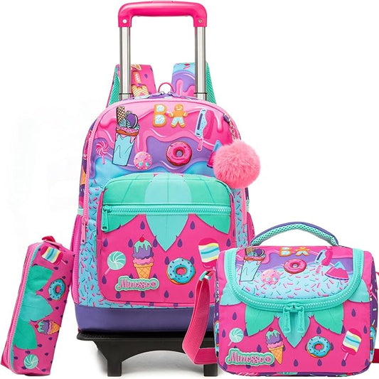 Girls Rolling Backpack for Kids Ages 8-12 Wheeled Backpack for Kids Backpacks for Girls with Lunch Bag Back to School Supplies Kit