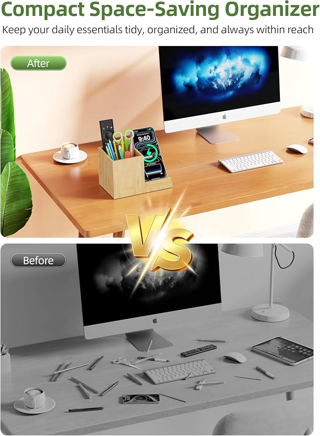 Bamboo Pen Holder for Desk with Wireless Charger, Desktop Organizer & Pencil Holder, Fast Wireless Charging Stand for iPhone, Samsung & More, Multifunctional Pen Organizer for Office, School, Home