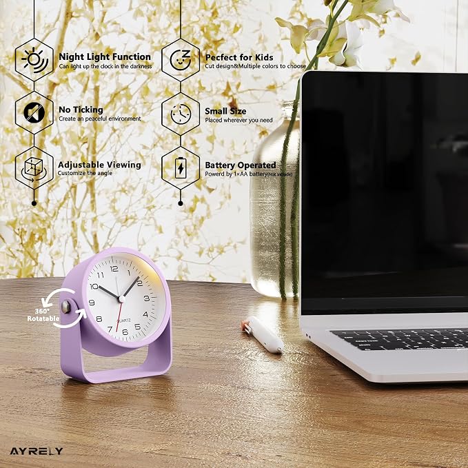 AYRELY® 3.5" Small Analog Travel Alarm Clock, Battery Operated Desk Clock | Cute Table Clock with Light, Adjustable Angle, Bedside, Bedrooms, Kids' Rooms and Living Room Decor (Purple)