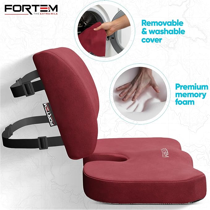 FORTEM Seat Cushion, Office Chair Cushion, Lumbar Support Pillow for Office Chair, Memory Foam Car Seat Cushions, Sciatica Coccyx Tailbone Pain Relief, Cushions for Back Support, Washable, Non Slip