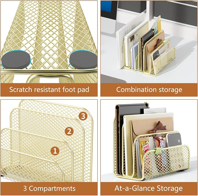 gianotter Mail Organizer Countertop, Metal File Holder with 3-Slot, Gold Desk Accessories for Office (Gold)