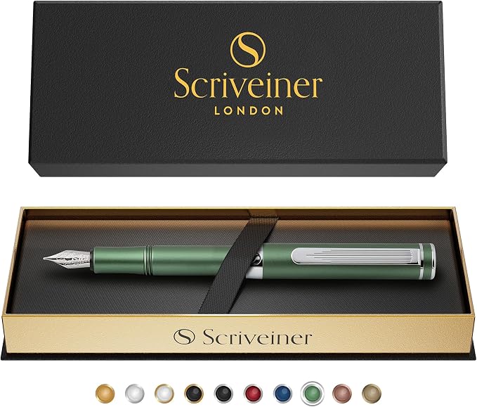 Scriveiner Luxury EDC Fountain Pen (Medium), Stunning Matt Green Pocket Pen, Chrome Finish, Schmidt German Nib, Converter, Best Writing Pen Gift Set for Men & Women, Nice Fancy Office Designer Pen