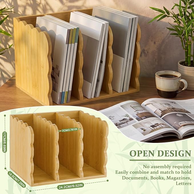 Novabright Scalloped Bamboo File Magazine Holder Desk Organizer, 3 Vertical Compartments Workspace Sorters for Magazines, Binders, Notebooks, Envelopes