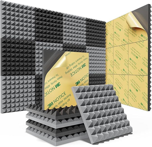Sonicism Sound Proof Foam Panels for Walls Self-Adhesive 12 Pack Pyramid 1" X 12" X 12" Soundproof Wall Panels High Density Acoustic Panels Foam Fast Expand,Sound Absorption & Decoration,Black/Gray