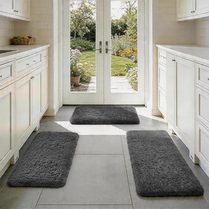 Ophanie Small Rug Washable Non Slip Throw Bedside Area Rugs, Fluffy Soft Mini Bedroom Carpet, 1.5x2.5，1.5x4 and 1.5x5 Rug Set, 3 Piece Grey with Over 99 pcs Pile fibers