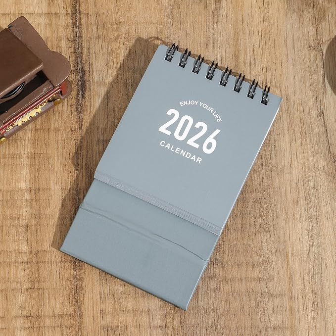 Mini Desk Calendar 2026-2027 - Runs From January 2026 until June 2027 Small Desktop Calendar Thick Paper Twin-Wire Binding with Stickers for Home Office School (Mini Grey)
