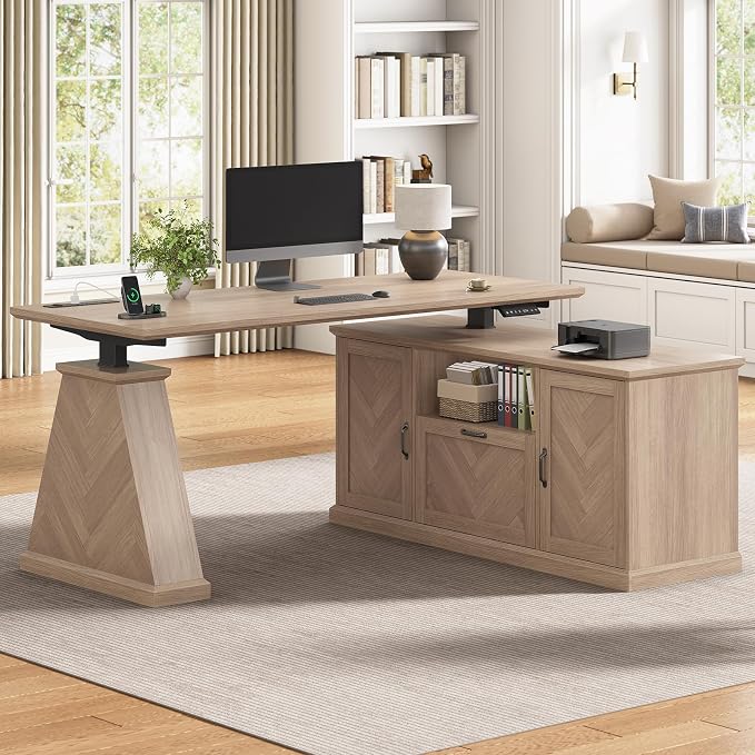 Farmhouse L Shaped Electric Standing Desk with Power Outlet & 2 Cabinets, 55.1" x 47.2" Height Adjustable Office Executive Standing Desk with Storage, File Drawer & Shelf, Natural