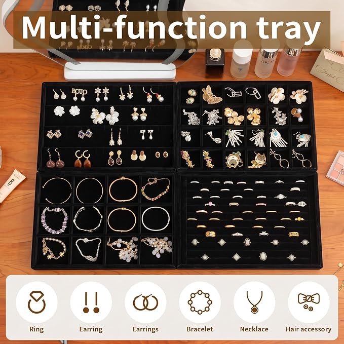 Jewelry Trays for Drawer,Set of 2 Jewelry Organizer and Storage | Velvet Material,Stackable,Adjustable Dividers,Drawer Inserts for Rings Studs Bracelet,Earring Organizer for Women Girls