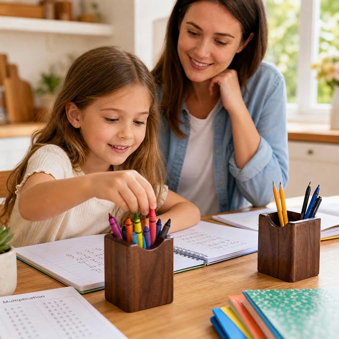 Wooden Pen Holder for Desk, 2 Pack Natural Wood Pencil Cup Holder – Office Desk Accessories Organizer, Makeup Brush Holder, Kids Crayon Marker Caddy, Eco-Friendly (2 Pack Walnut Color)