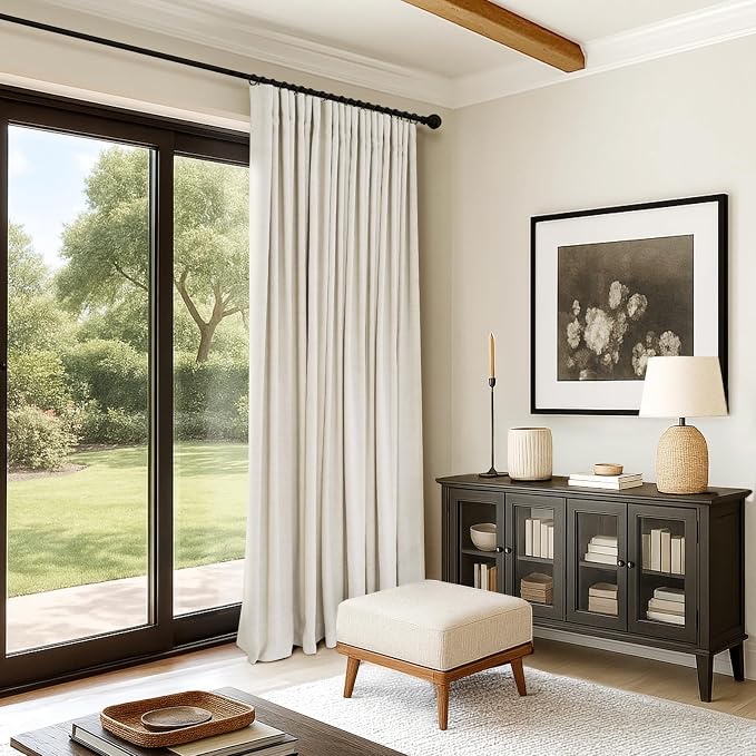 INOVADAY 100% Blackout Curtains for Bedroom, Cream Black Out Curtains 96 Inch Long, Clip Rings Linen Blackout Drapes, Thermal Insulated Room Darkening for Living Room, 1 Panel - W102xL96