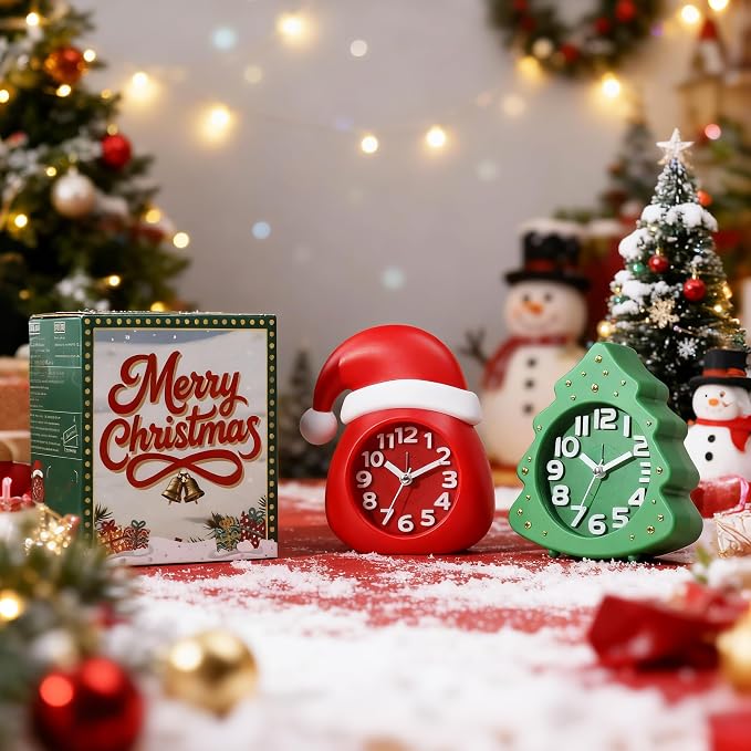 AYRELY® Christmas Alarm Clock Gift Set, 2 Silent Analog Clocks | Santa Hat & Christmas Tree Designs, Ready-to-Gift Holiday Edition for Kids & Family with Festive Gift Box